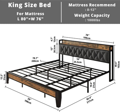 Sturdy & Stylish Bed Frame & Headboard with Power Strip