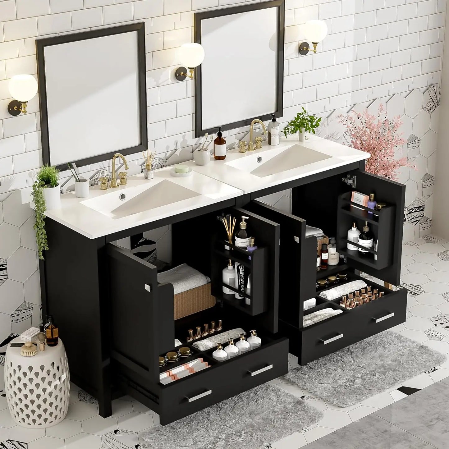 Solid Wood Dual Basin Bathroom Vanity