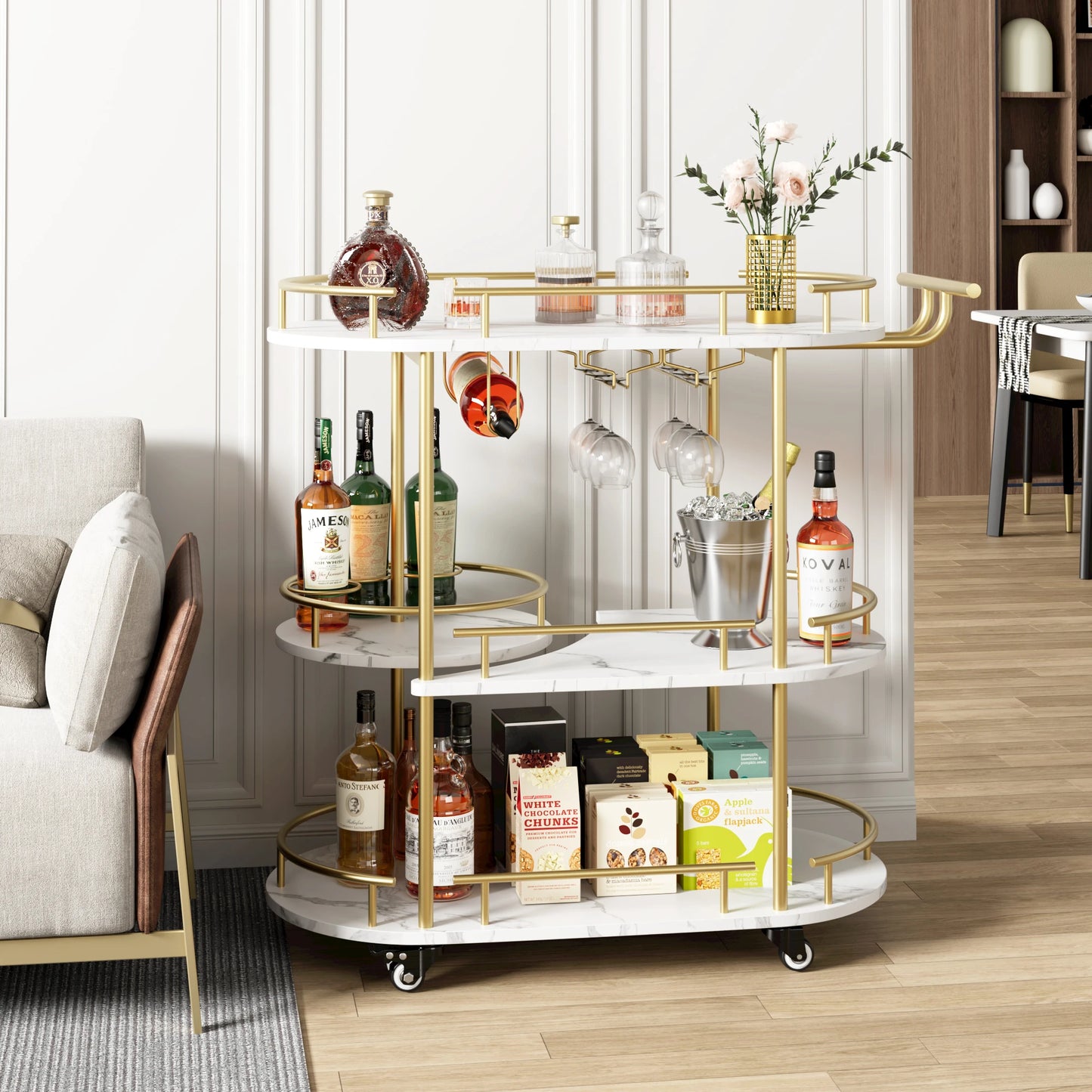 Luxury Bar Cart with Marble Shelves, Wine Rack & Glass Holder