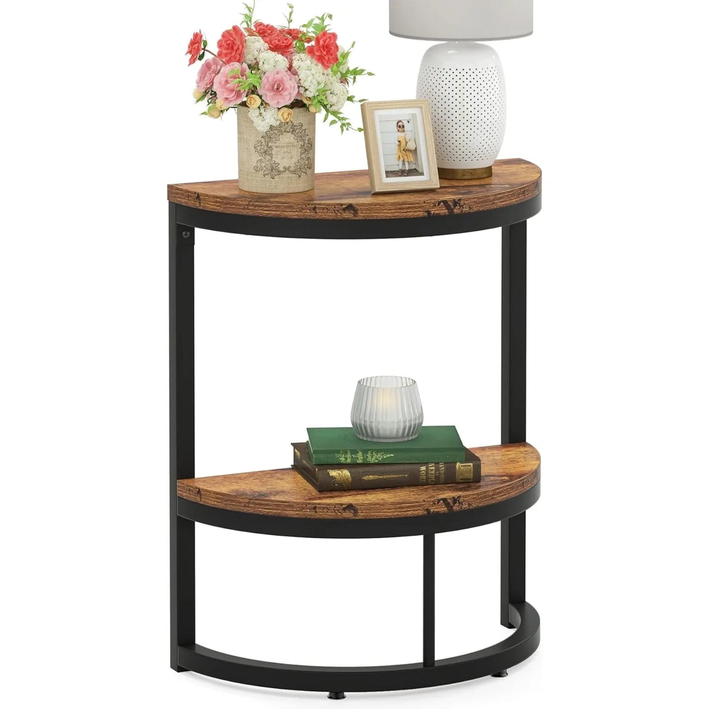 2-Tier Wood Accent Table with Open Shelving, Semi Circle Design