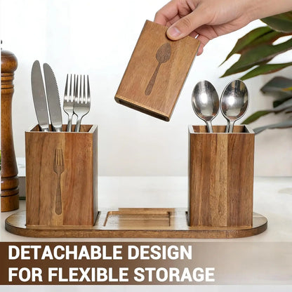 Acacia Wood Utensil Holder | 4-Compartment Silverware Caddy