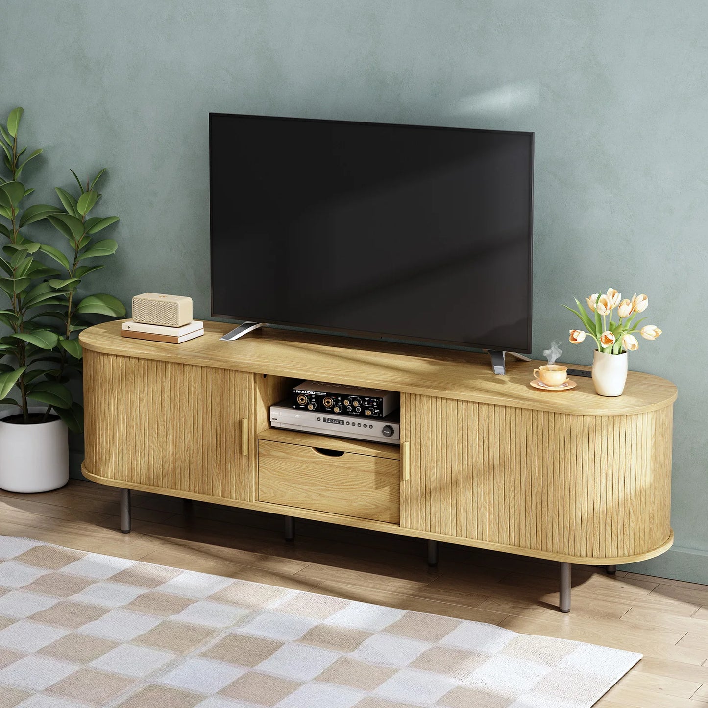 Modern TV Stand with Power Outlet & Sliding Door Storage