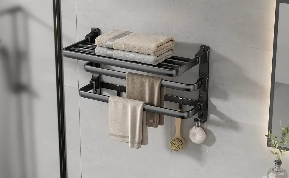 24-Inch Foldable Bathroom Towel Rack with Shelf, Dual Bars & 7 Hooks