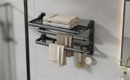 24-Inch Foldable Bathroom Towel Rack with Shelf, Dual Bars & 7 Hooks