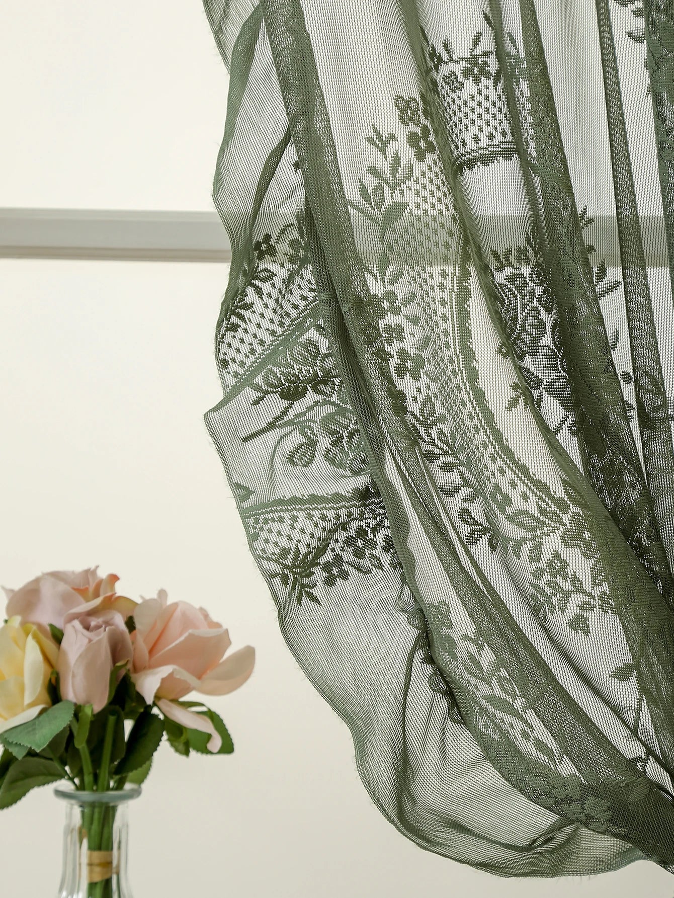 Green Boho Lace Sheer Curtain 84 Inch | Vintage Floral Scalloped Window Panel