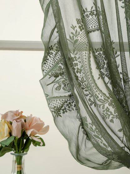 Green Boho Lace Sheer Curtain 84 Inch | Vintage Floral Scalloped Window Panel
