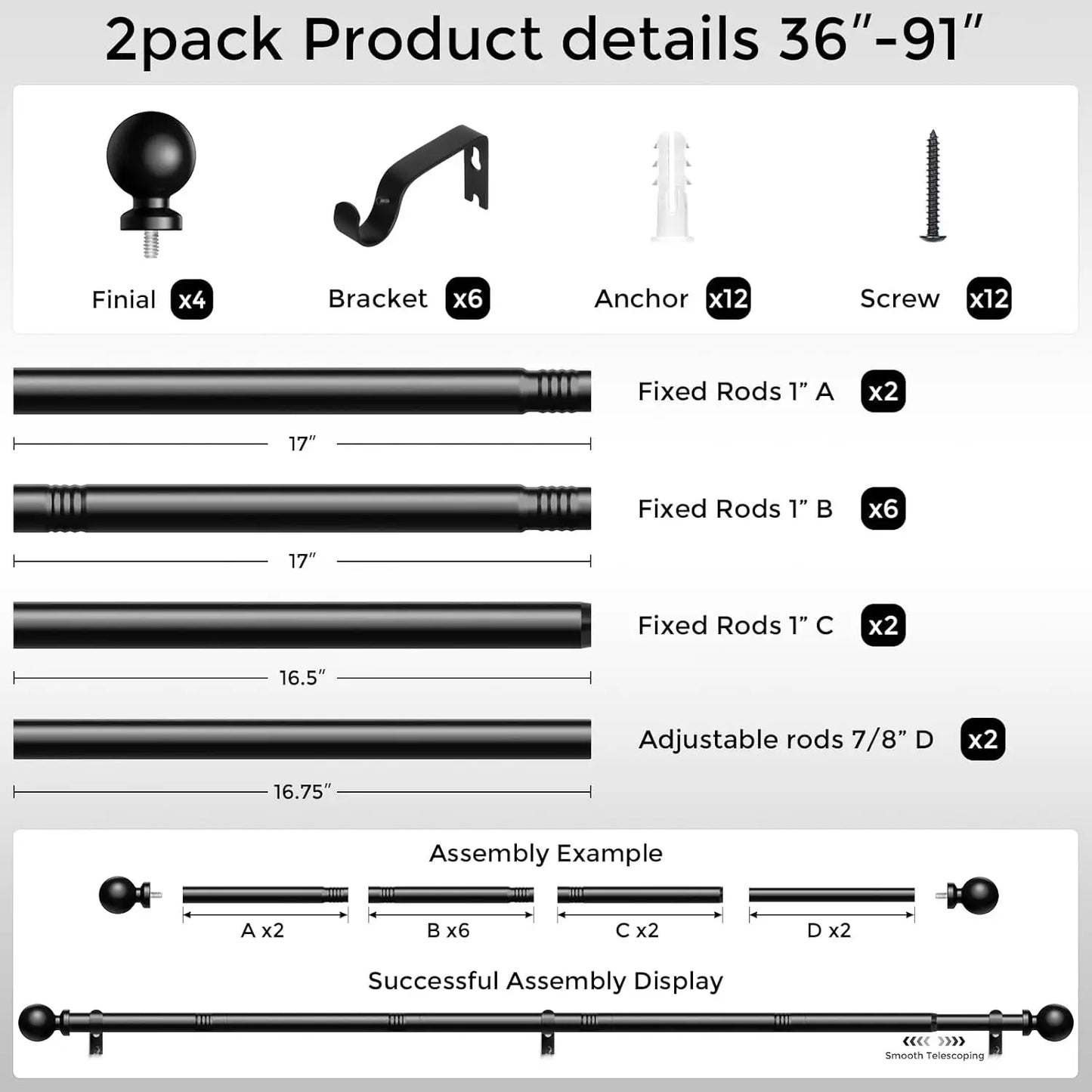 2-Pack Heavy-Duty Black Curtain Rods 36–91 Inch | Adjustable 1-Inch Window Rod Set