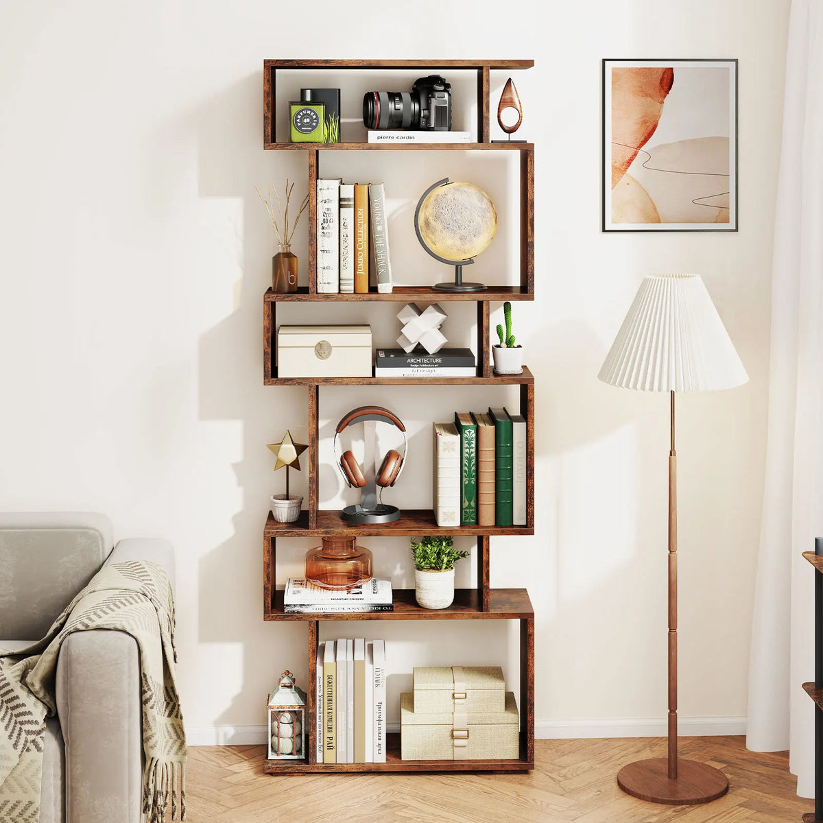 6-Tier S-Shaped Bookshelf | Modern Geometric Room Divider
