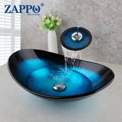 Tempered Glass Vessel Sink with Waterfall Black Faucet