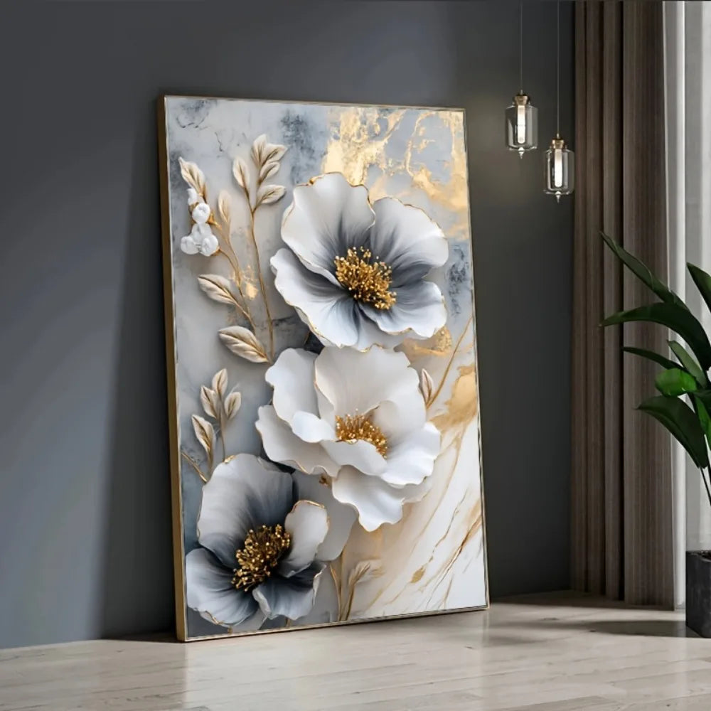 Modern Luxury 3D Floral Canvas Wall Art | Framed Botanical Painting