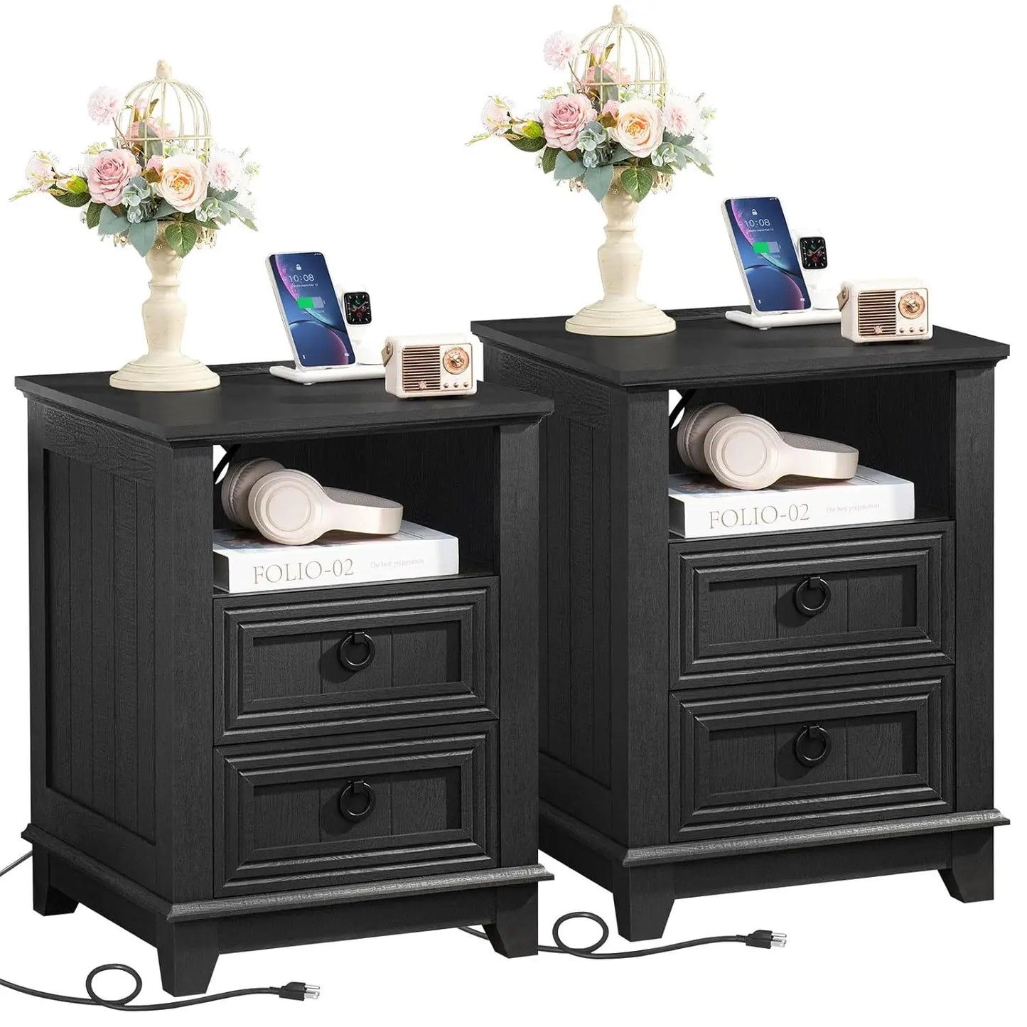 Farmhouse Style Night Stands, Set of 2, with Charging Stations