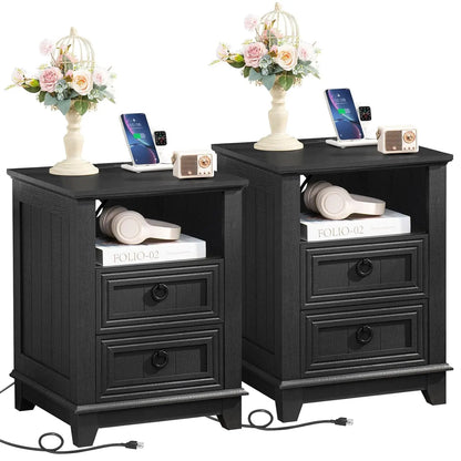Farmhouse Style Night Stands, Set of 2, with Charging Stations