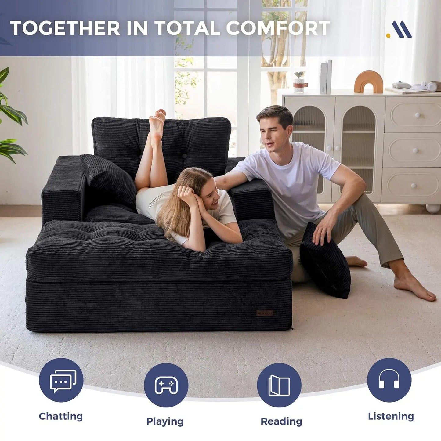 Oversized Boneless Chaise Lounge with 3 Pillows and Ottoman