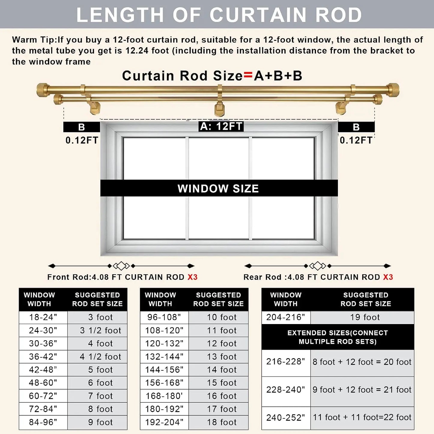 Premium Double Curtain Rod Set | Heavy-Duty Brushed Gold Drapery Rod