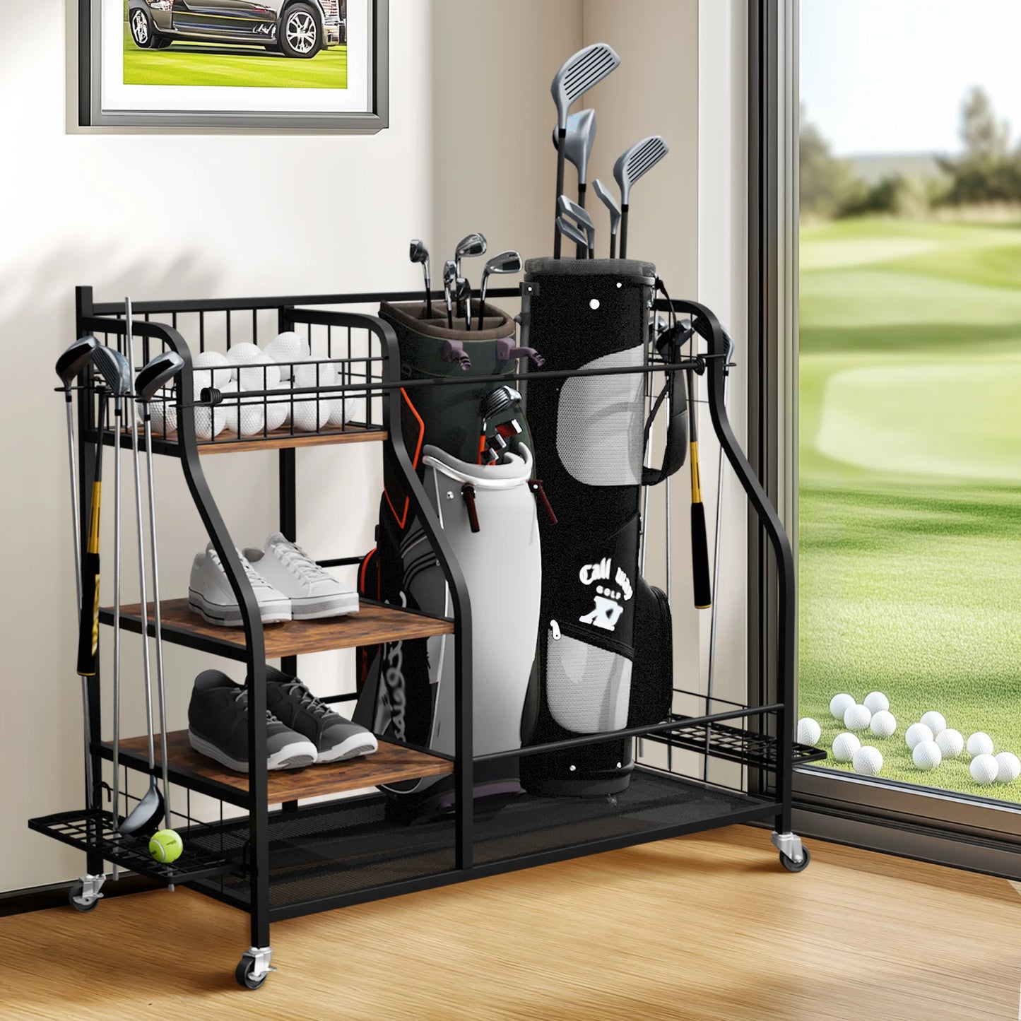 Multifunctional Metal Storage Shelf, Sports Equipment Organizer with Wheels