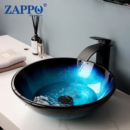 Tempered Glass Vessel Sink with Waterfall Black Faucet