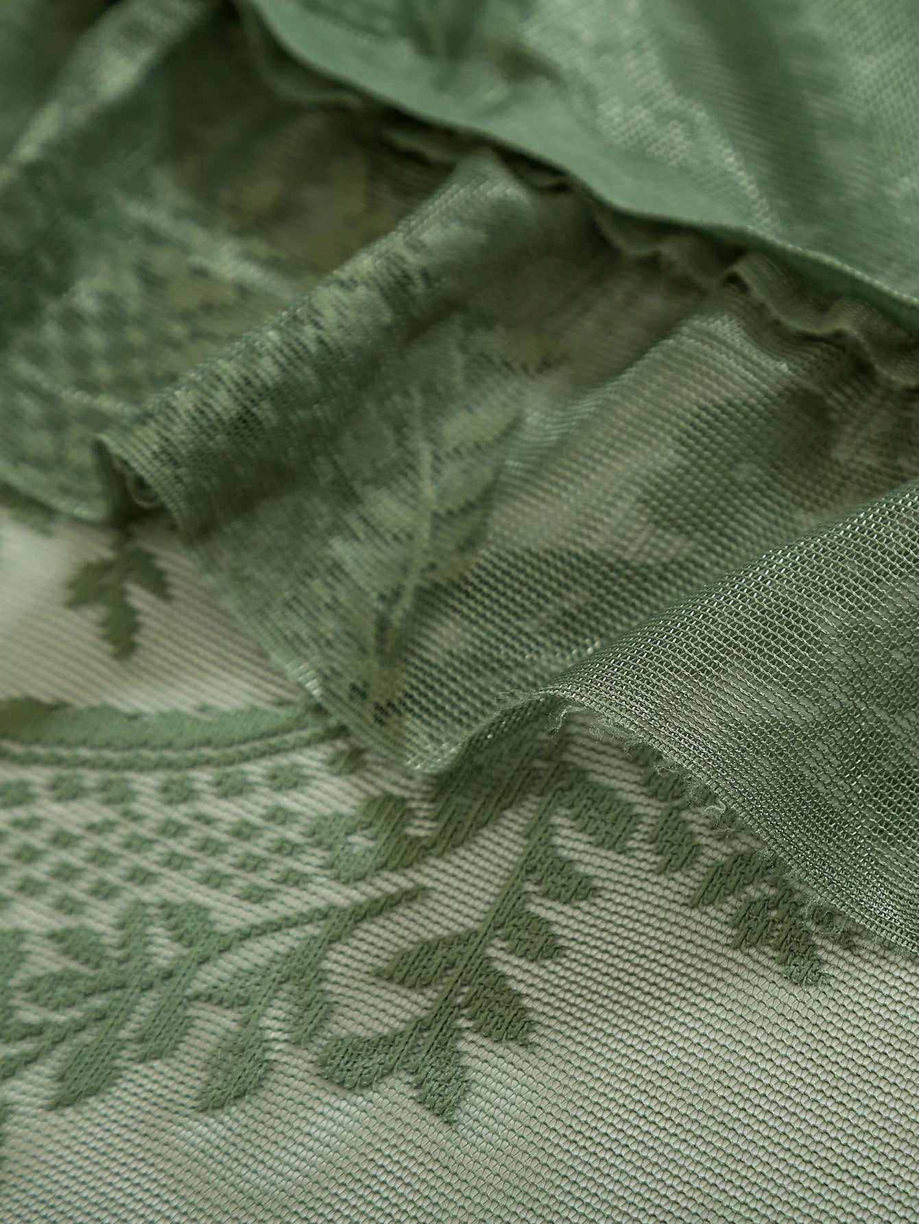Green Boho Lace Sheer Curtain 84 Inch | Vintage Floral Scalloped Window Panel