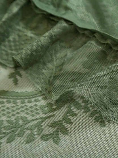 Green Boho Lace Sheer Curtain 84 Inch | Vintage Floral Scalloped Window Panel