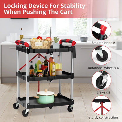 3-Tier Foldable Utility Cart | 167 lb Capacity Rolling Storage