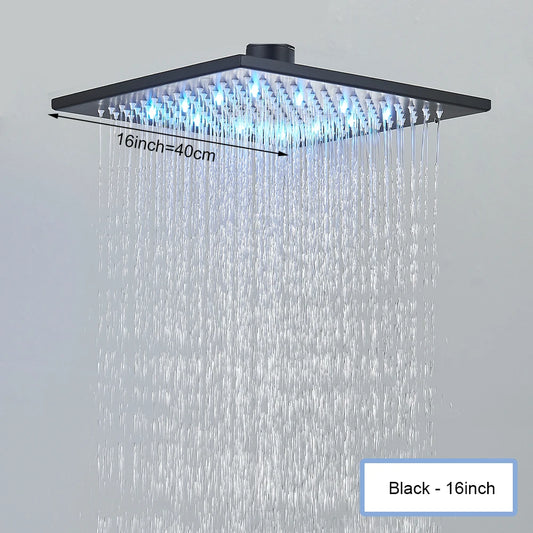 16 Inch LED Rainfall Shower Head | Large Square Brass Ceiling Mount Shower