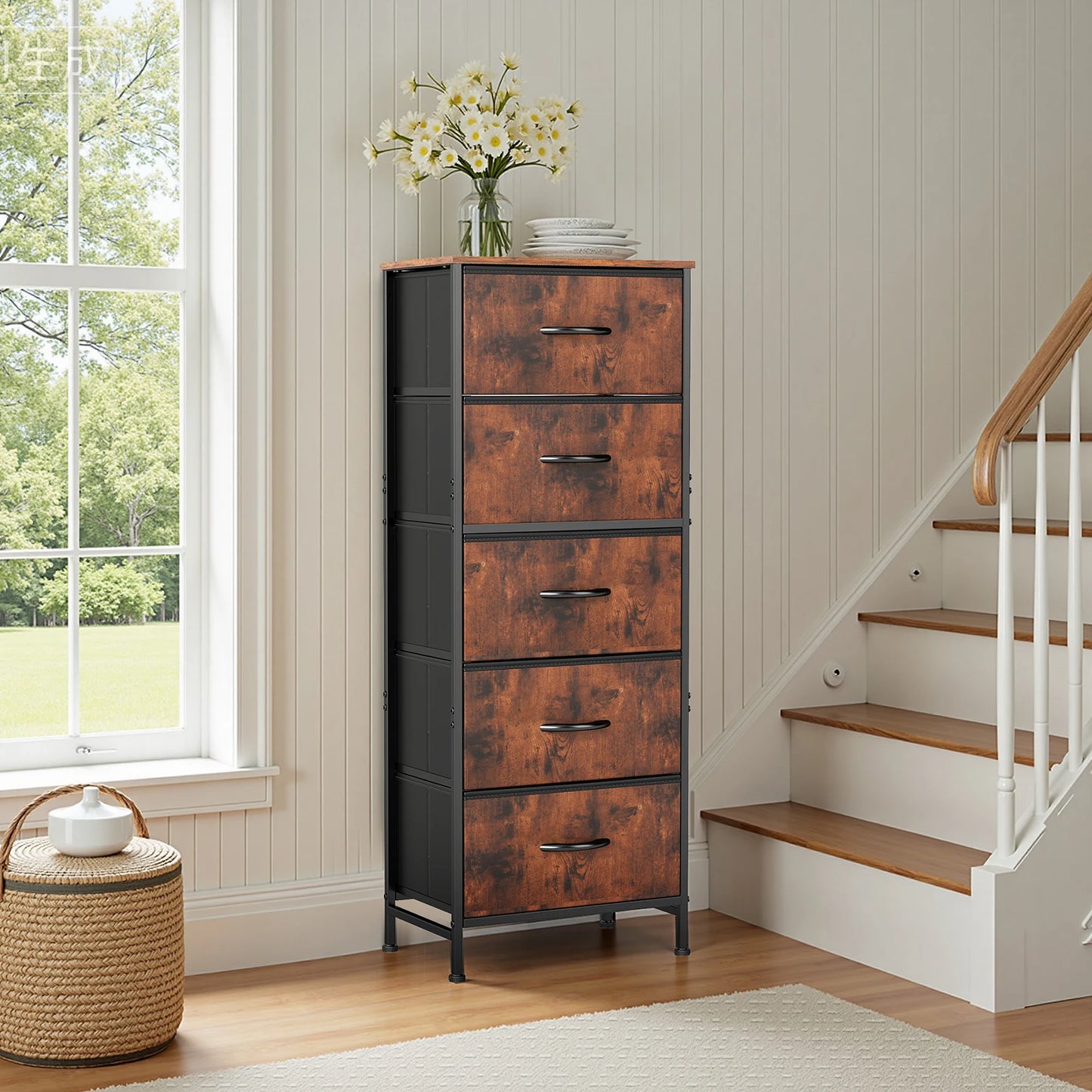 Lightweight Wardrobe with Fabric Drawers, Steel Frame and Solid Wood Top