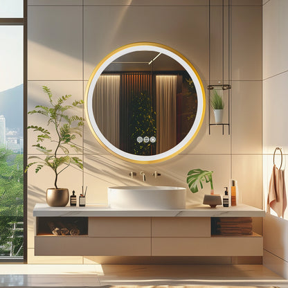 Gold-Framed Round Lighted Bathroom Mirror