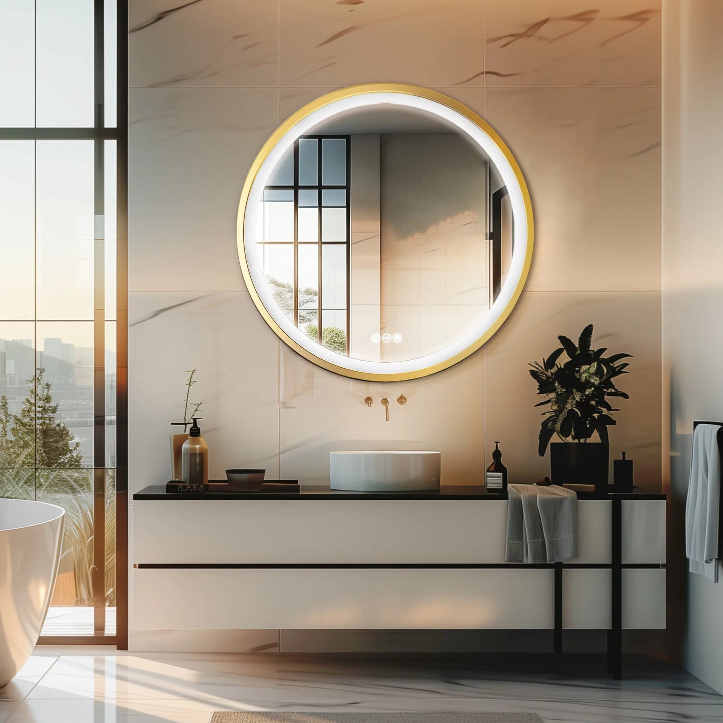 Gold-Framed Round Lighted Bathroom Mirror