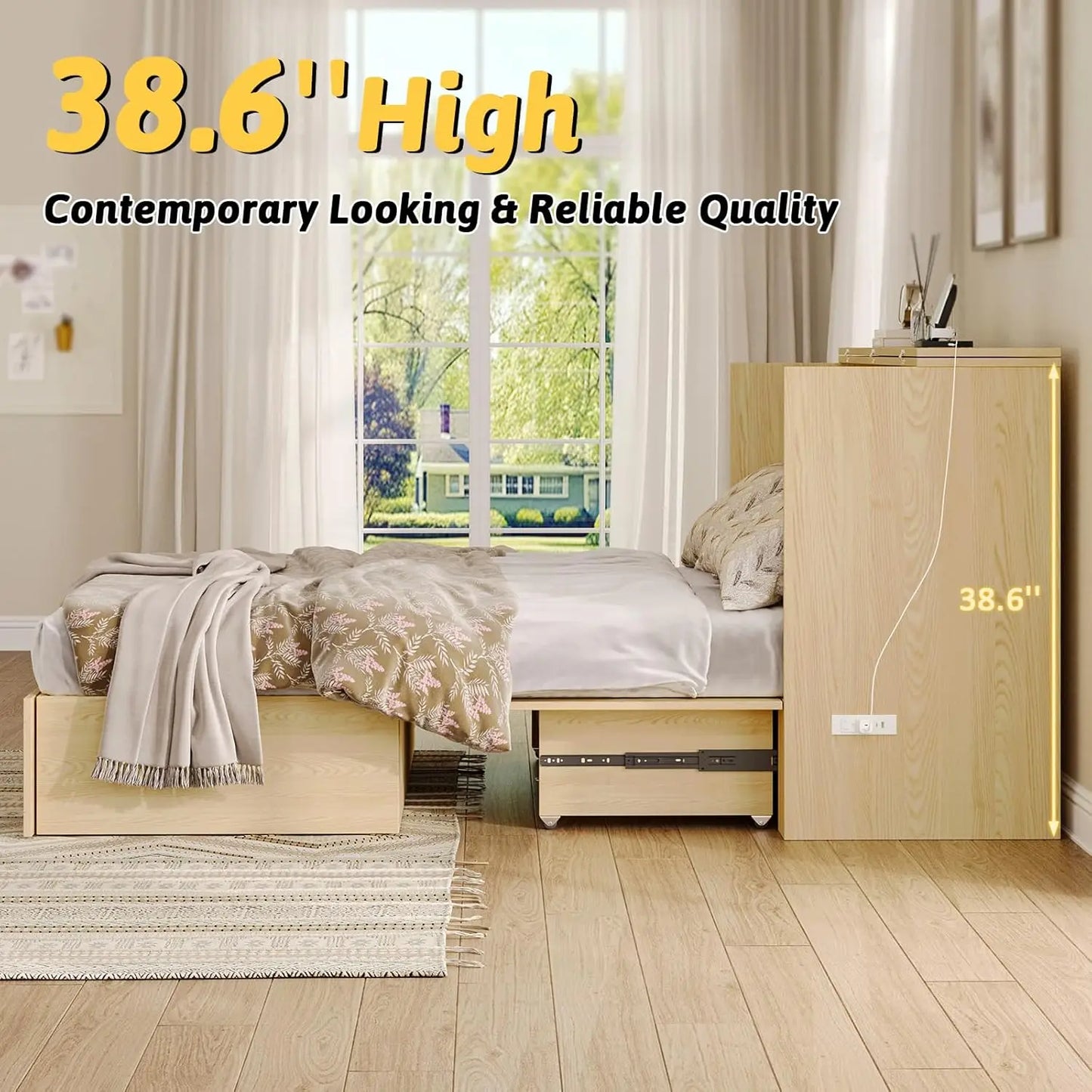 Wall Mounted Full-Size Murphy Bed with Foldable Panel and Charging Station