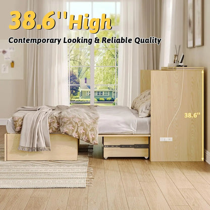 Wall Mounted Full-Size Murphy Bed with Foldable Panel and Charging Station