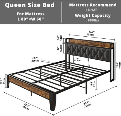 Sturdy & Stylish Bed Frame & Headboard with Power Strip