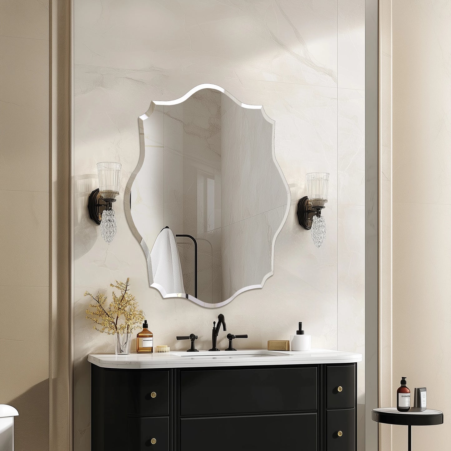 Scalloped Frameless Wall Mirror with Beveled Edge | Modern Irregular Vanity Mirror