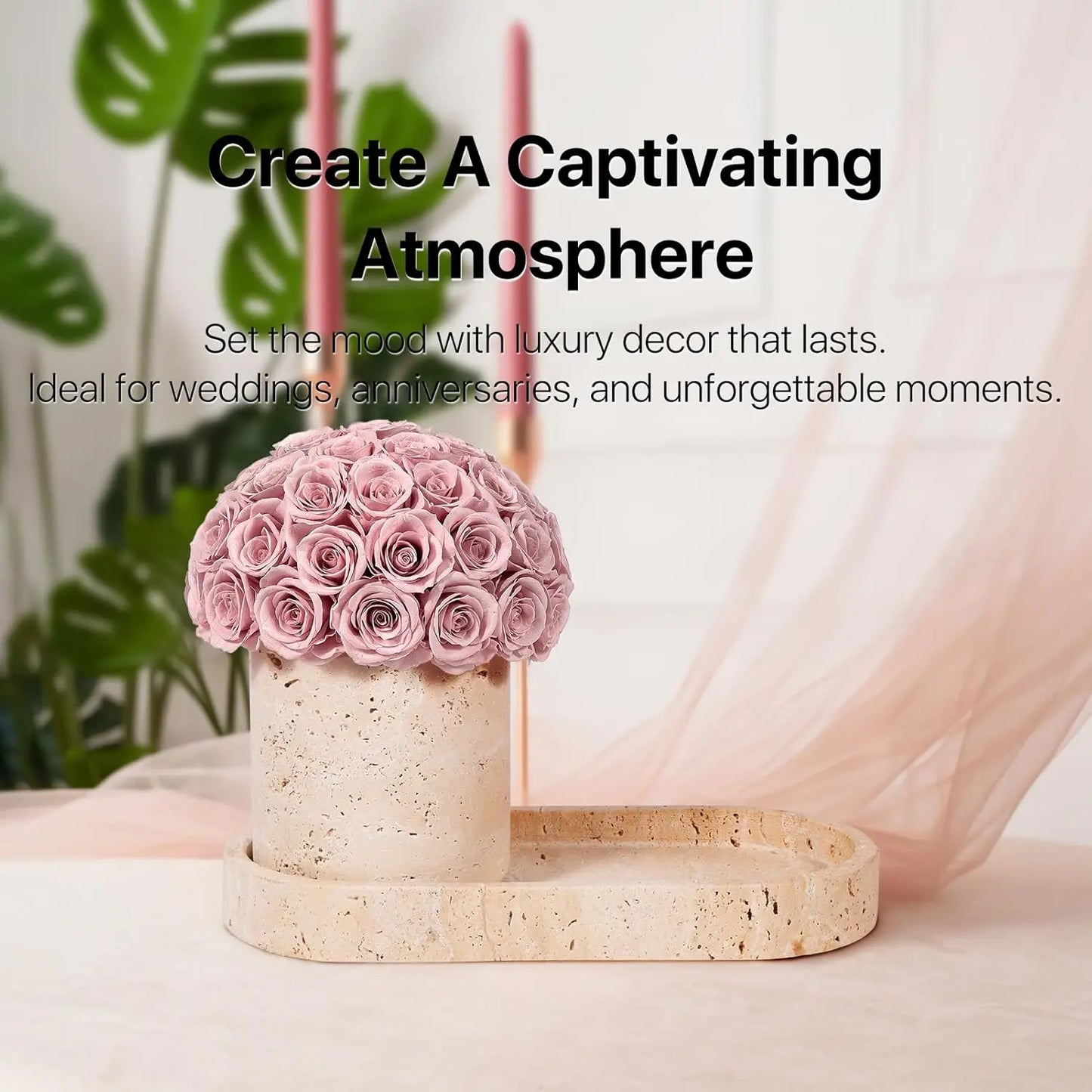 Elegantly Preserved Roses with Travertine Stone Vase and Tray