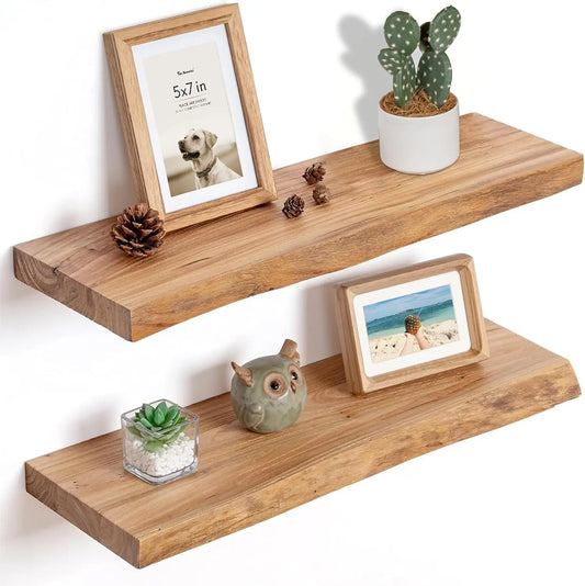 Live-Edge Solid Elm Wood Floating Shelves
