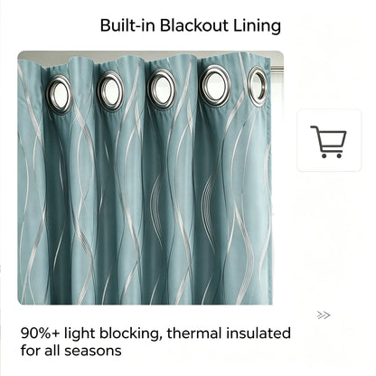 4-Panel Blackout Curtains with Silver Wave Foil Print | Thermal Insulated Drapes