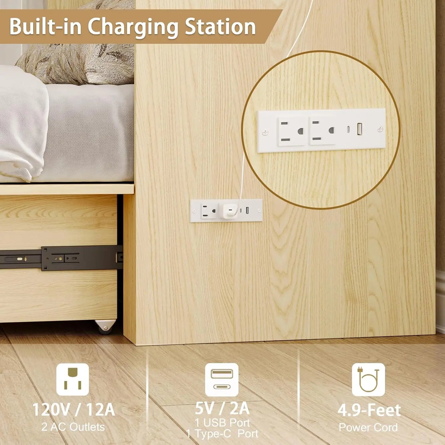 Wall Mounted Full-Size Murphy Bed with Foldable Panel and Charging Station