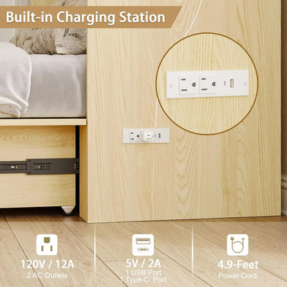 Wall Mounted Full-Size Murphy Bed with Foldable Panel and Charging Station