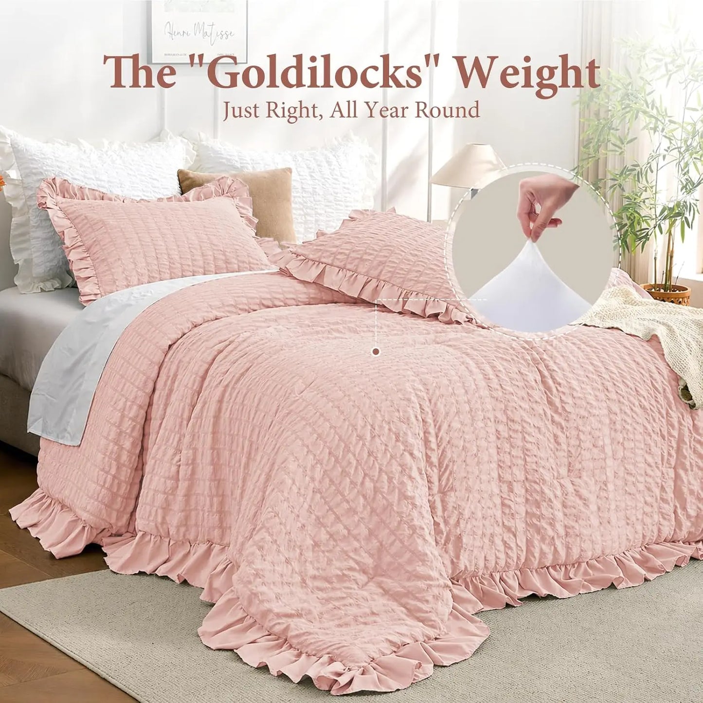 Rose Gold Seersucker Comforter Set | 3-Piece Ruffle Bedding Set Full Size