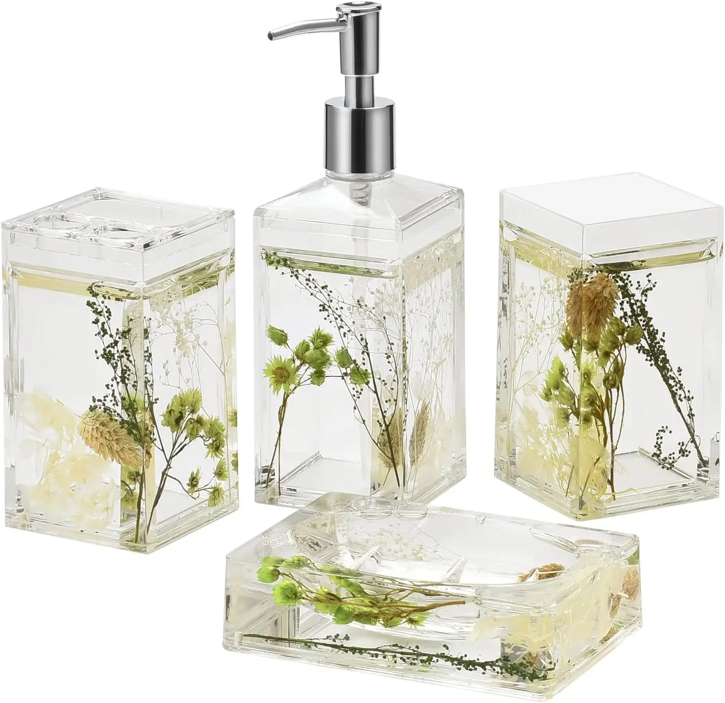 5-Piece Acrylic Bathroom Accessory Set | Botanical Soap Dispenser & Toothbrush Holder