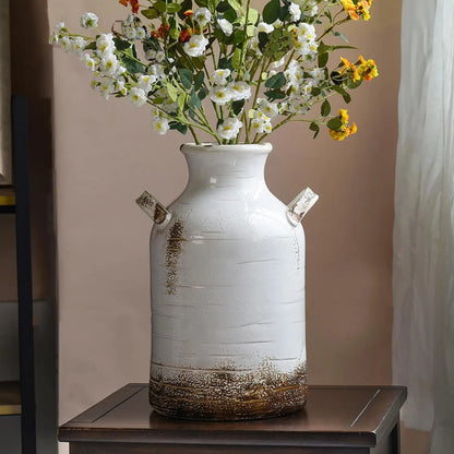 Distressed White Ceramic Vase, Rustic Farmhouse Decor