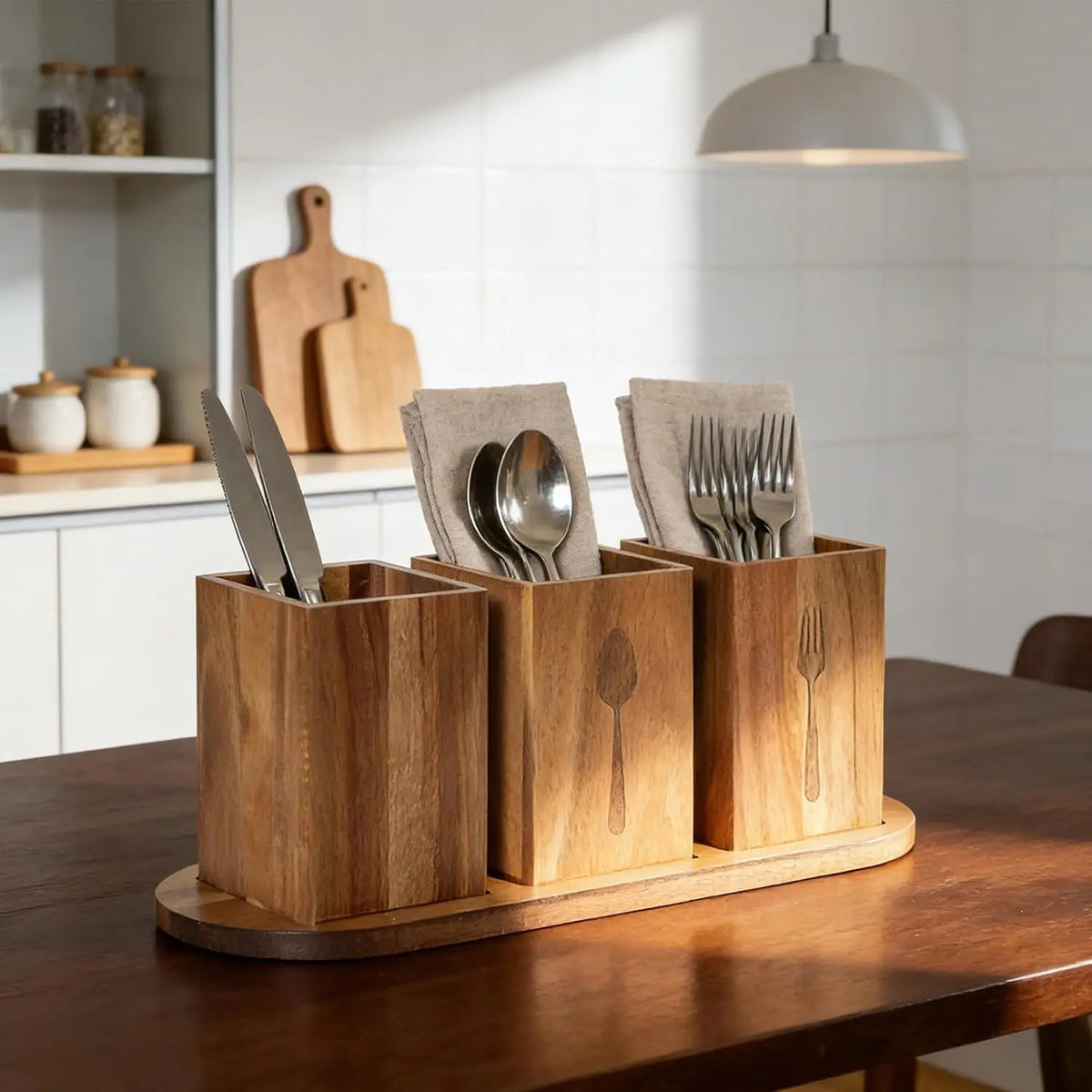 Acacia Wood Utensil Holder | 4-Compartment Silverware Caddy