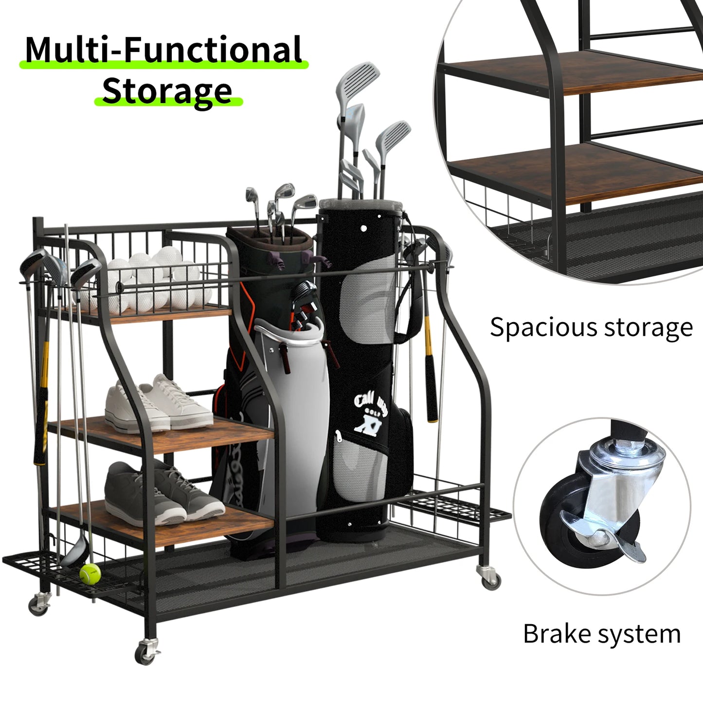 Multifunctional Metal Storage Shelf, Sports Equipment Organizer with Wheels