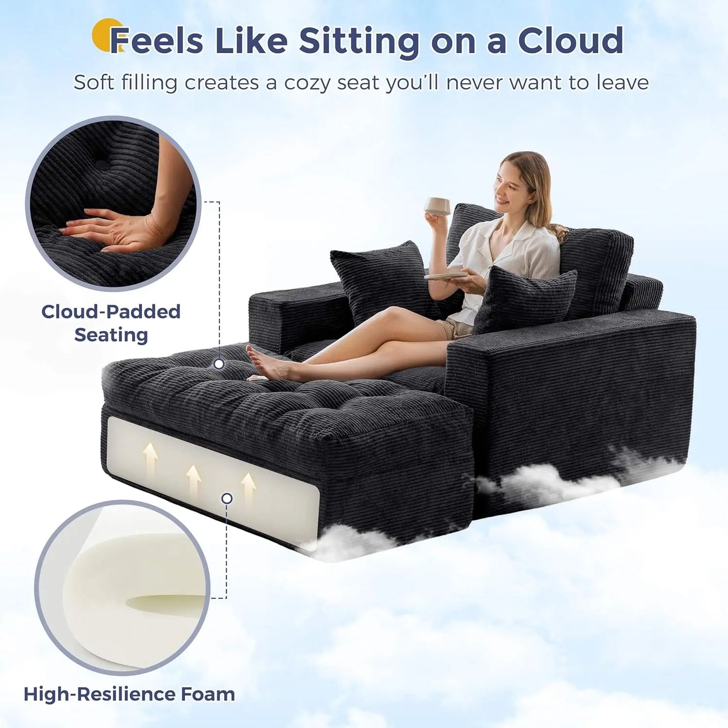 Oversized Boneless Chaise Lounge with 3 Pillows and Ottoman