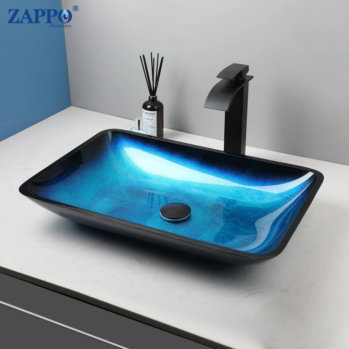 Tempered Glass Vessel Sink with Waterfall Black Faucet
