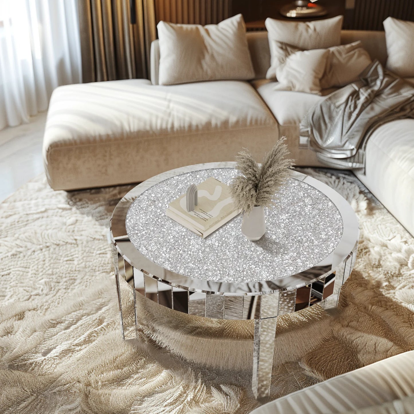 Silver Accent Table with Mirror Surface & Crystal Inlay