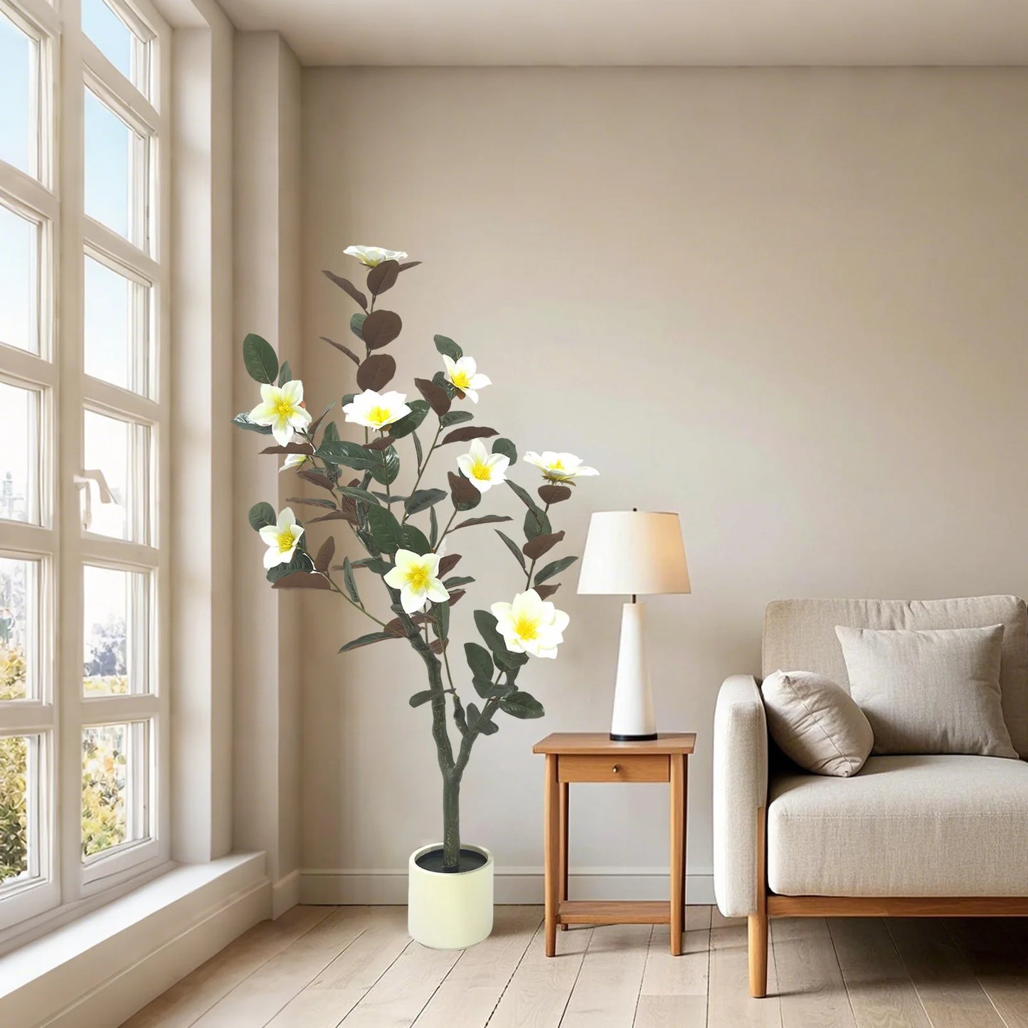 Artificial Magnolia Tree in Pot | Realistic Faux Flowering Plant for Home Décor