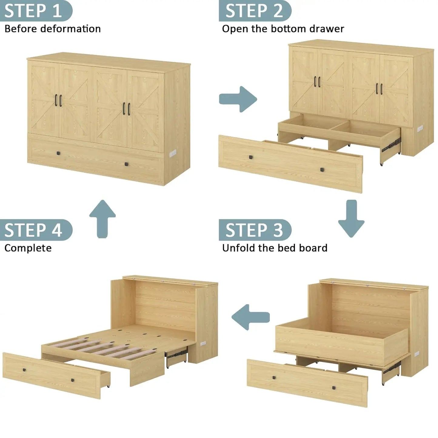 Wall Mounted Full-Size Murphy Bed with Foldable Panel and Charging Station