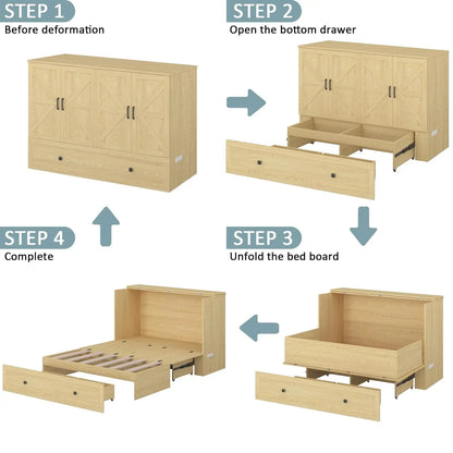 Wall Mounted Full-Size Murphy Bed with Foldable Panel and Charging Station