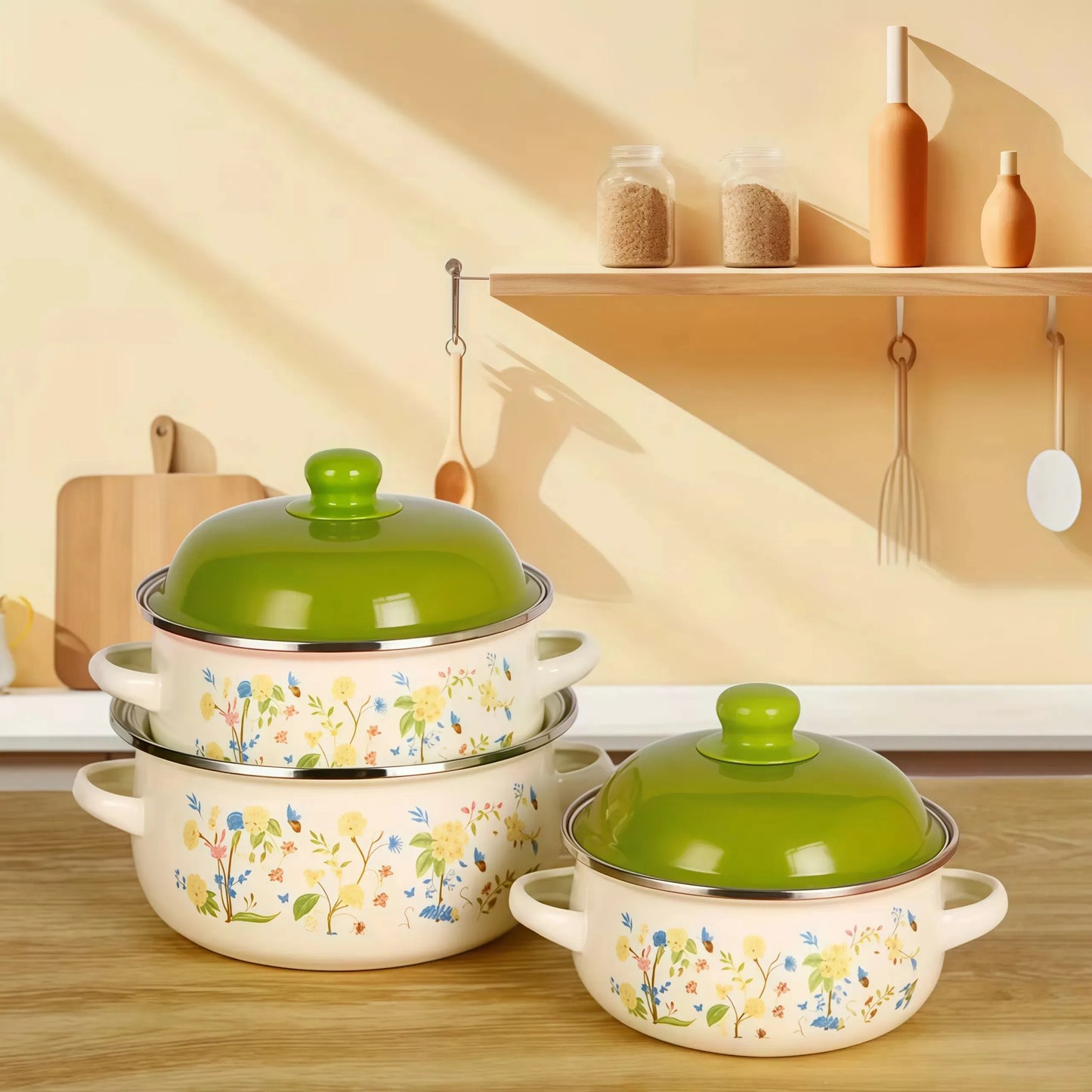 3-Piece Vintage Enamel Cooking Pot Set with Lids | Retro Floral Stock Pots