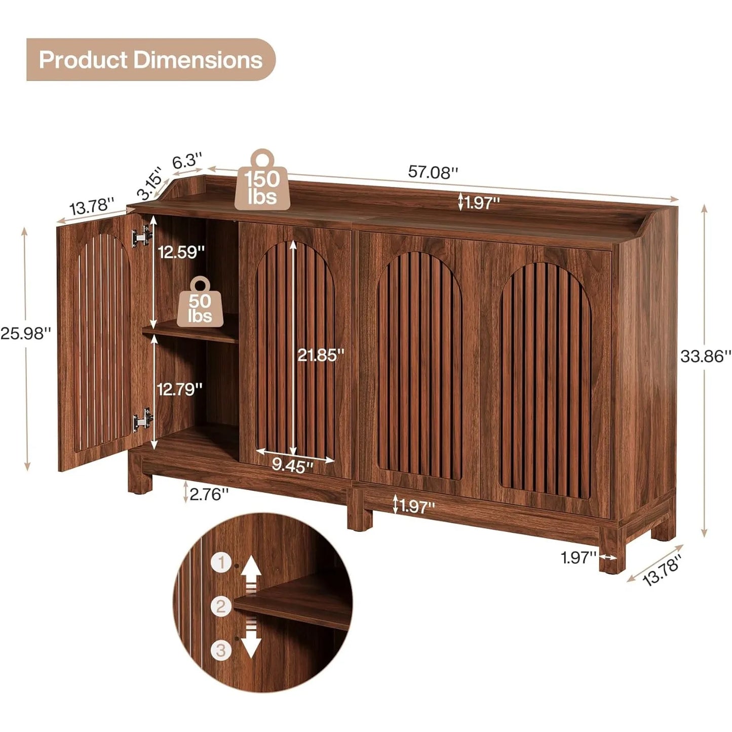 Walnut Farmhouse Style Sideboard Buffet Cabinet with Storage