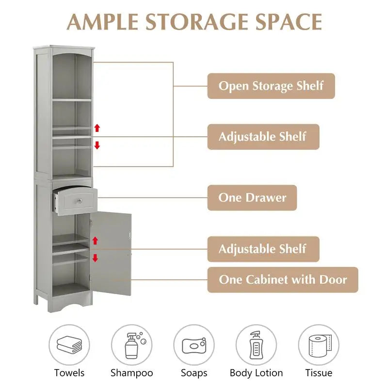 Tall Freestanding Bathroom Storage Cabinet with Drawer & Adjustable Shelf – Grey